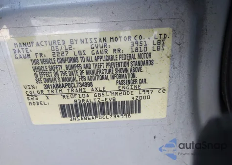 2012 Nissan Sentra 2.0 Sr z USA, uszkodzony, nr VIN 3N1AB6AP0CL734998